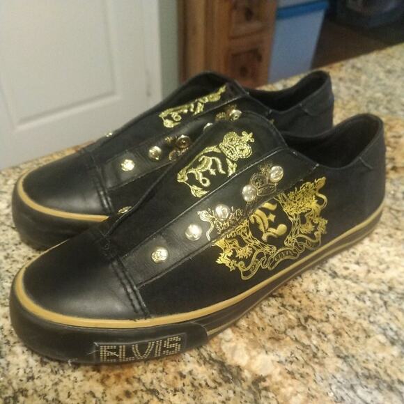 Elvis Shoes Rock and Roll Women Size 9 Black/Gold Rare Embroidered 1977 - Picture 1 of 12